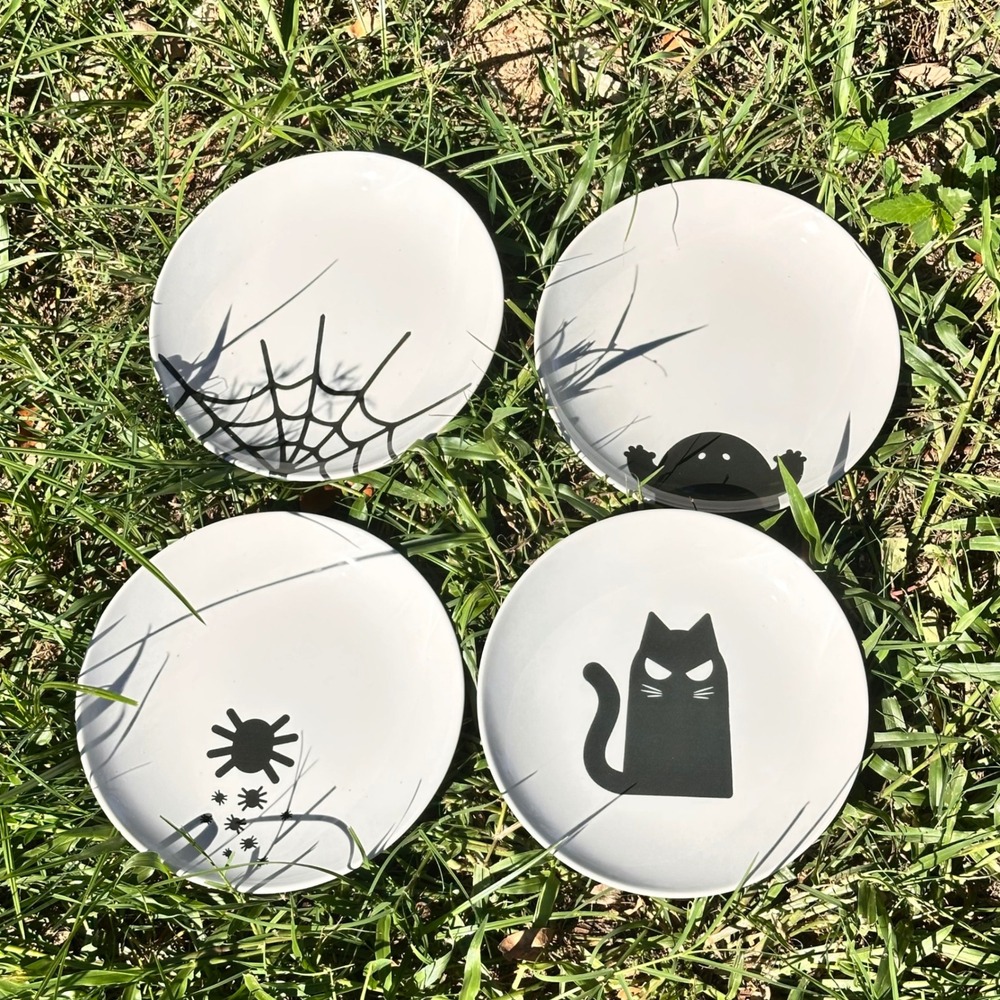IKEA KUSTFYR Halloween Side Plates Set 4 Cat Ghost Spider Cobweb 8 Inch